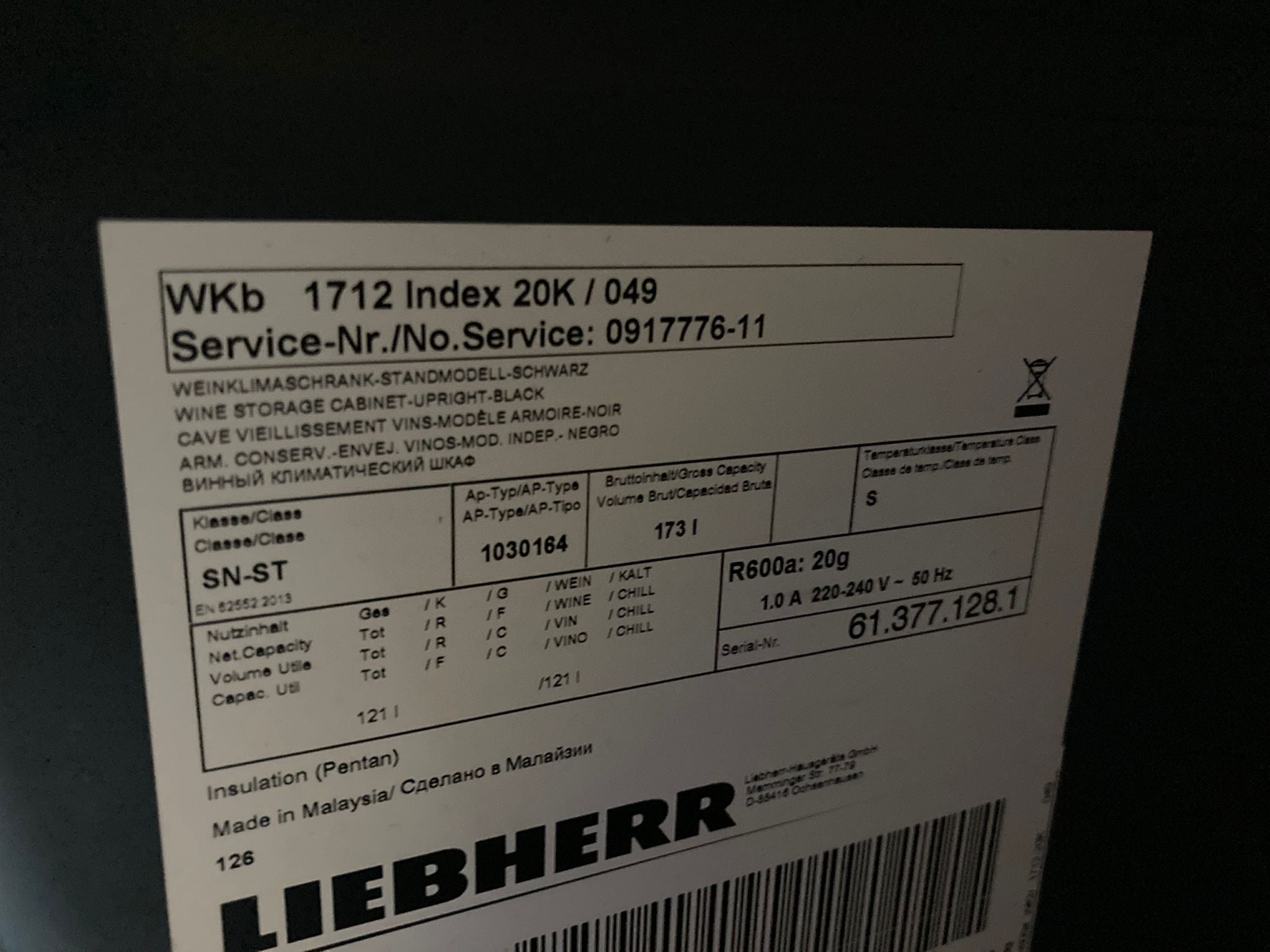 Liebherr 60 Bot Wine Cabinet (Used)